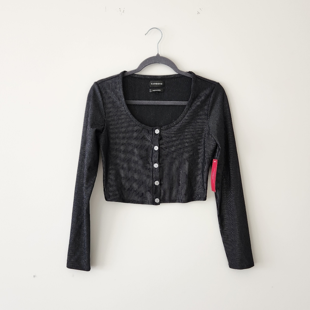 Carbon 38 Cropped Shimmer Stripe Cardigan Black Silver XS NWT NEW - Picture 7 of 12